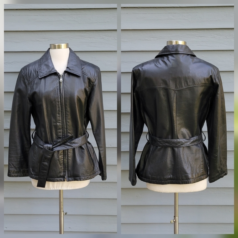 Vintage 90s y2k Wilson's Black Leather Mid Length Trench‎ Belted Coat Jacket Md